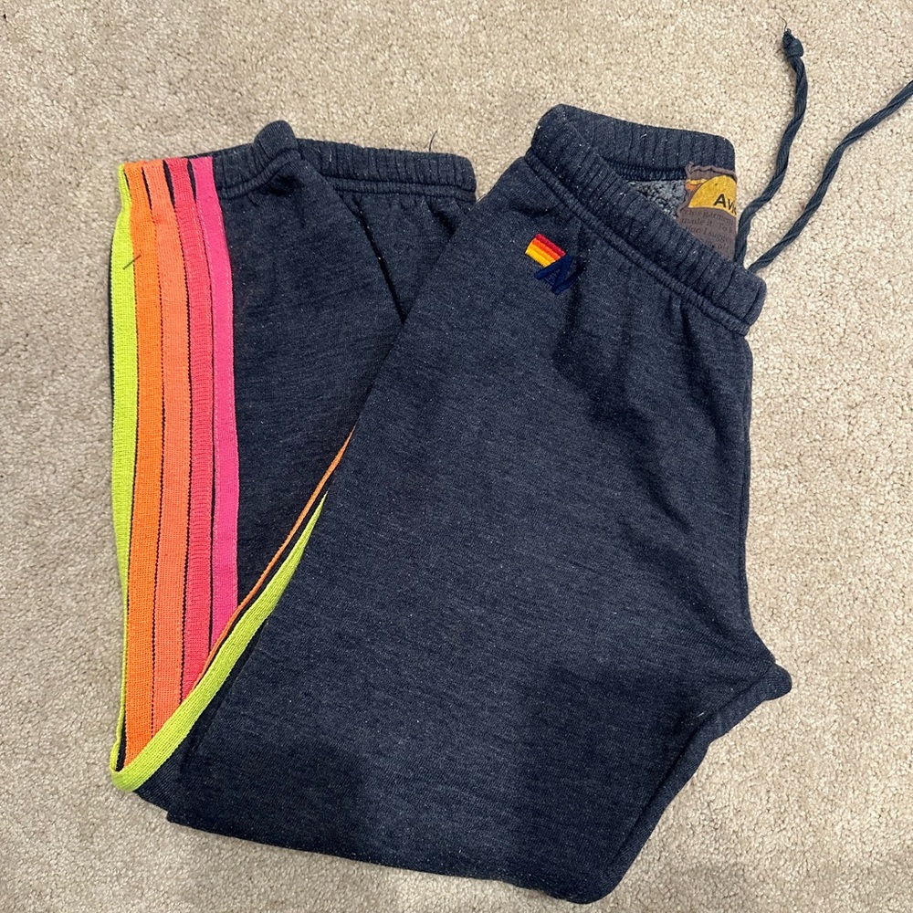 Aviator Nation Dark Blue Joggers with Rainbow Stripes